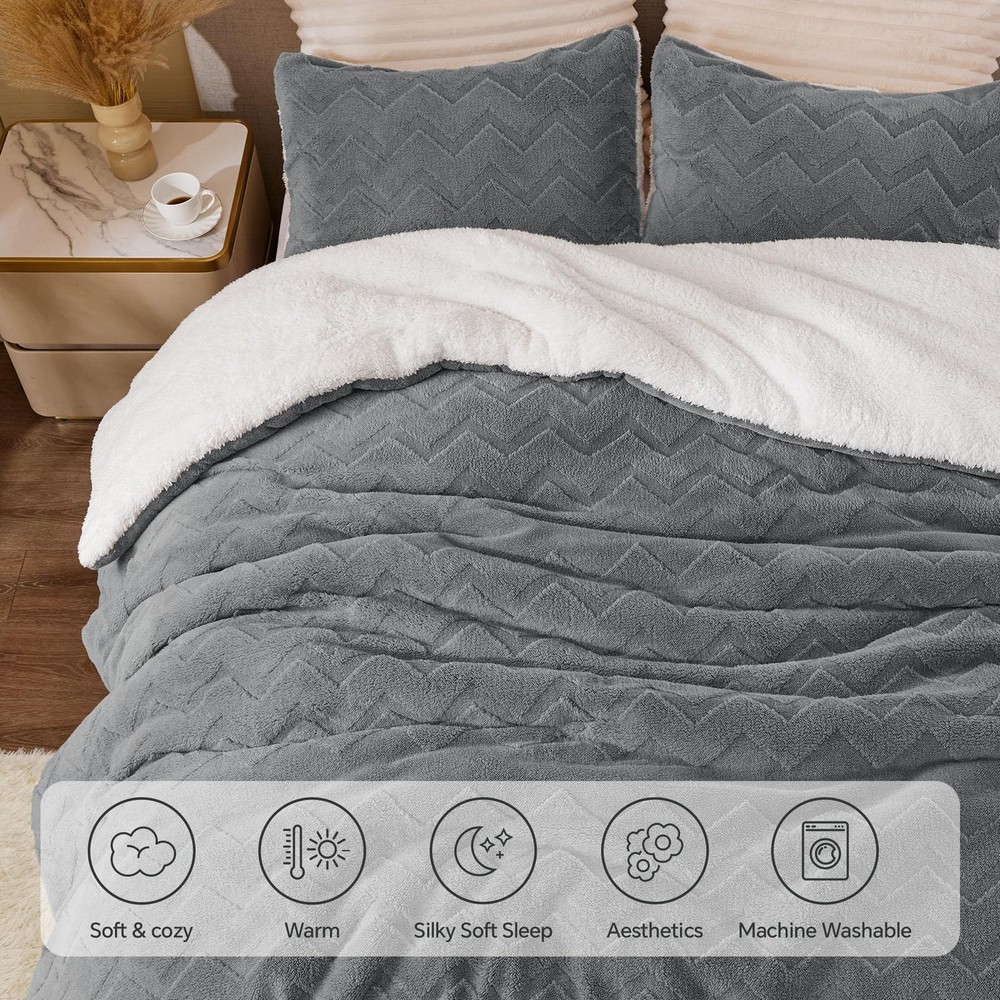 Fluffy Queen Comforter Set - Super Soft Sherpa Grey Comforter for Queen Size ...