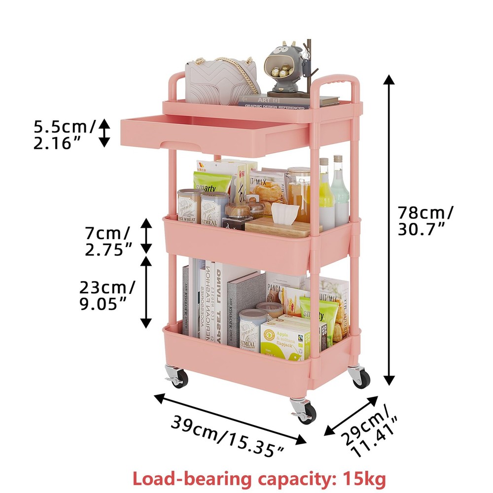 3-Tier Rolling Utility Cart with Drawer,Multifunctional Storage Organizer wit...