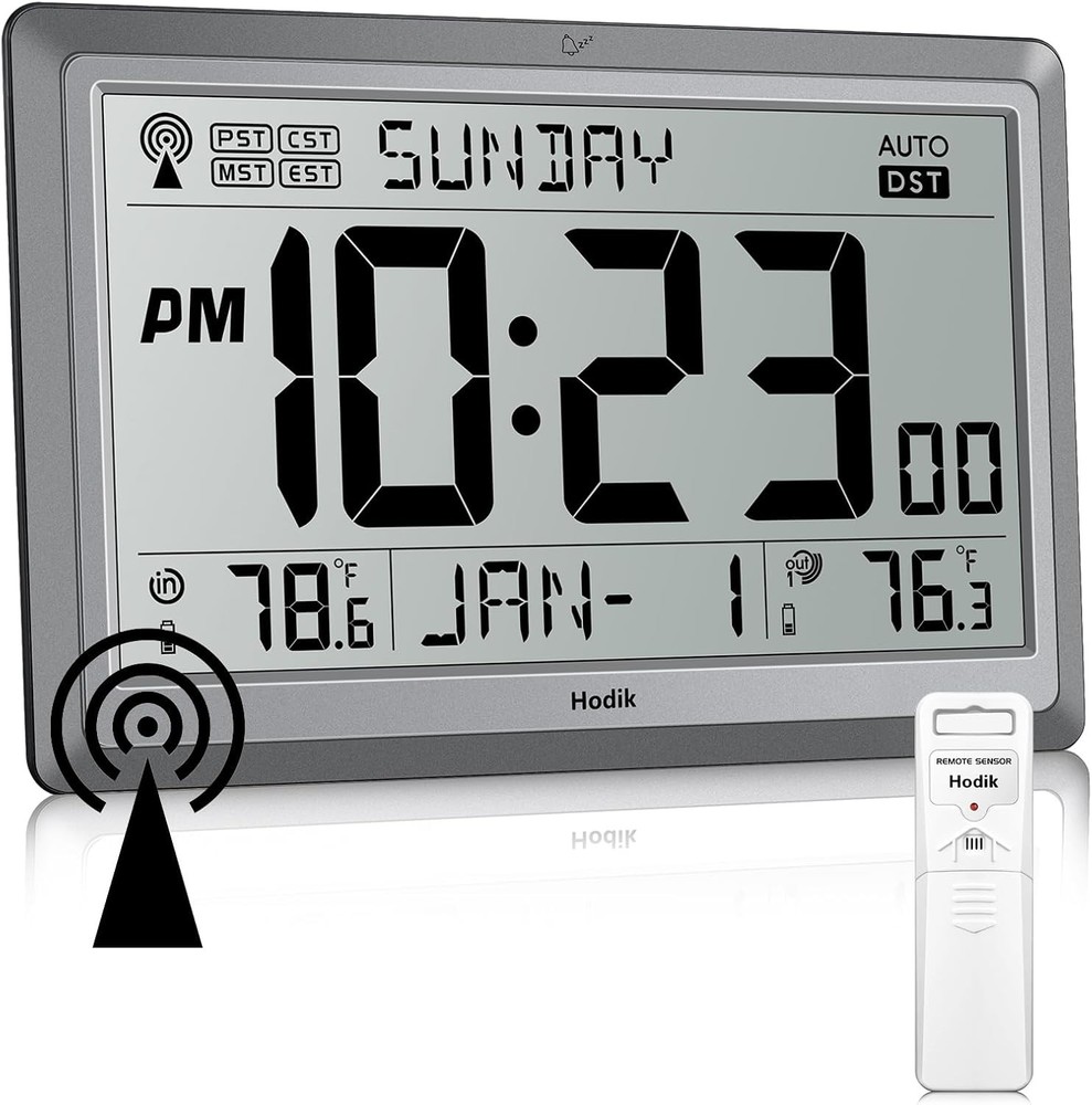 Wall Clock Atomic with Indoor Outdoor Temperature Battery Powered, Easy Readi...