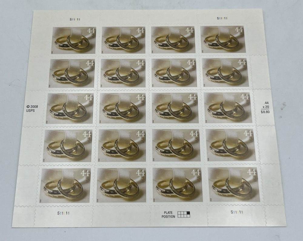 US Stamp 2009 44 Cent Wedding Rings 20 Stamp Sheet Scott #4397