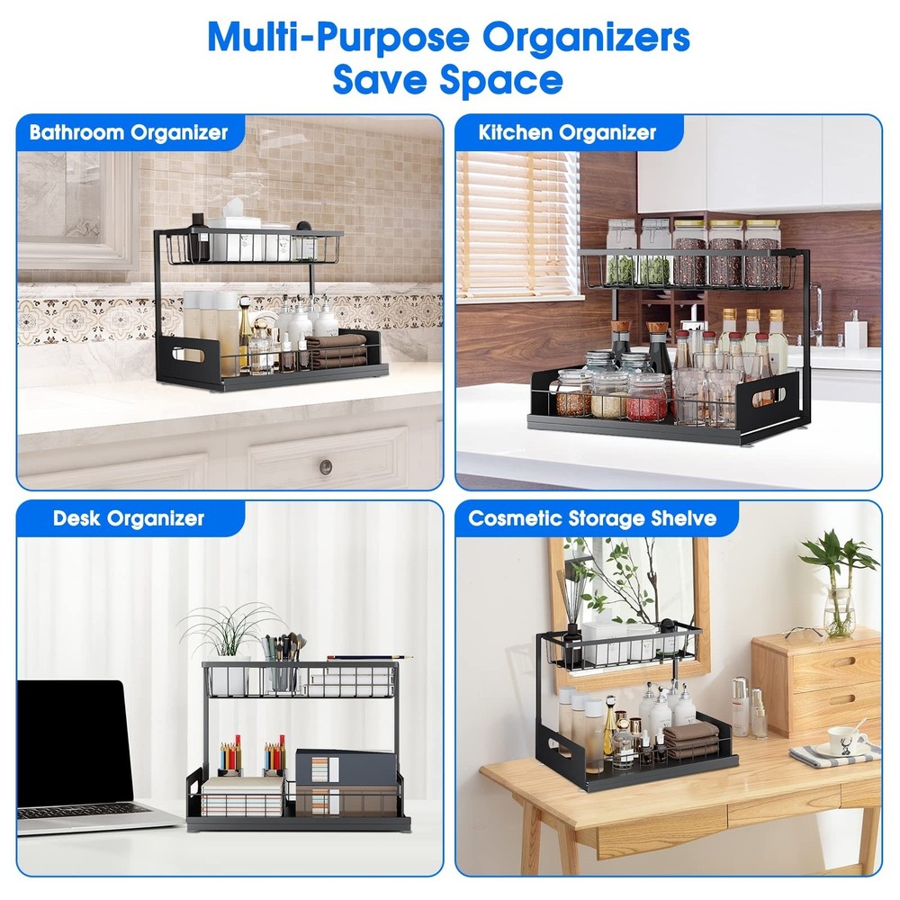 Under Sink Organizer, 2 Tier Pull-Out Cabinet Storage Shelf, Rust-Resistant M...