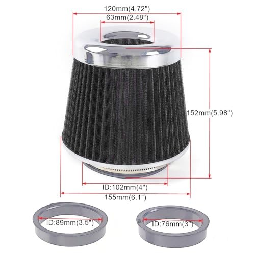 4-Inch Cold Air Intake Filter - Washable, High Performance, 3" or 3 Short Black