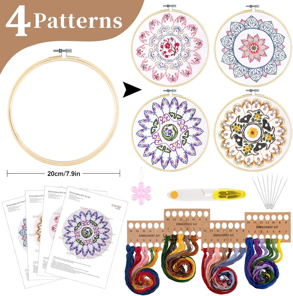 Whaline 4 Mandala Embroidery Starter Kit with Instruction Plum Multicolor