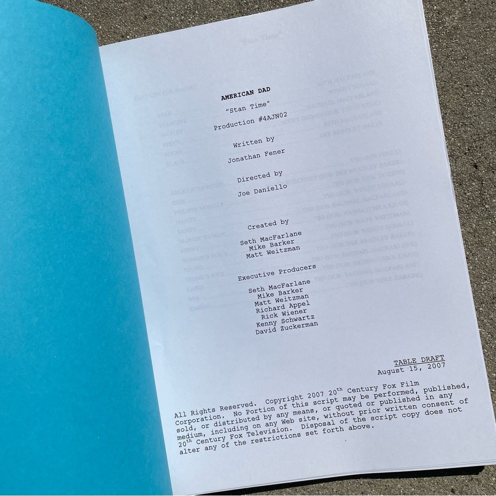 American Dad Scott Grimes Steve Smith 2007 Production Used Table Draft Script