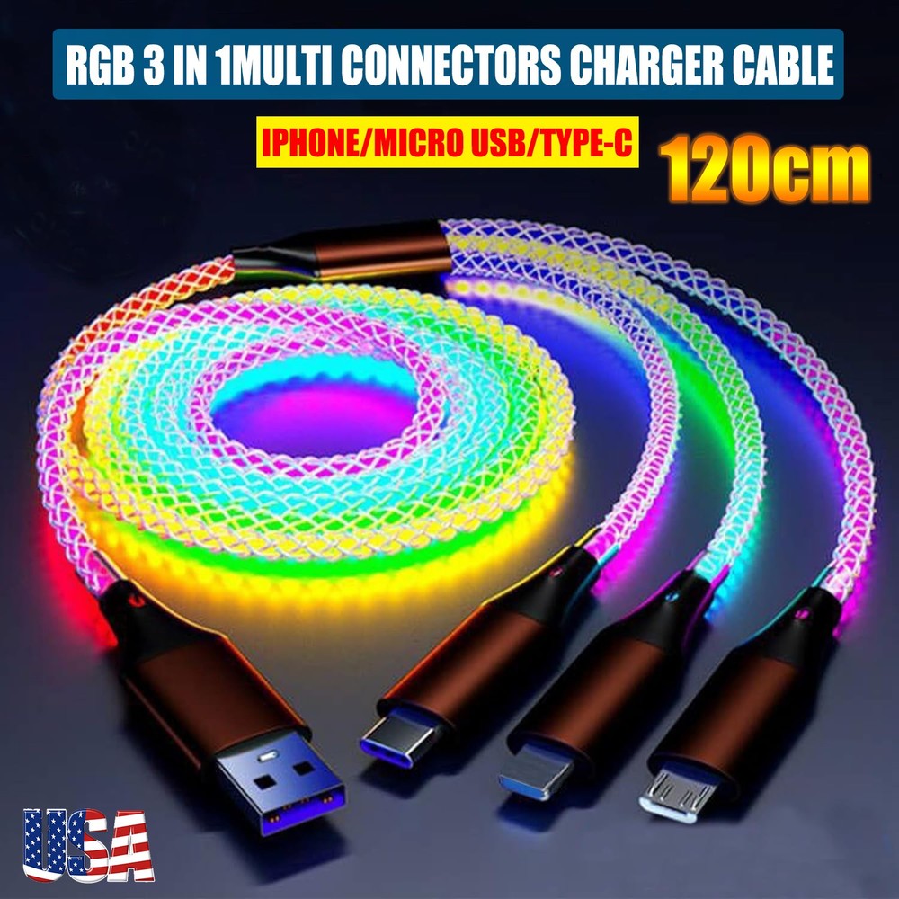 3 in 1 Multi Charger Cable LED Light Up Glowing Fast Charging Cord cable Type C