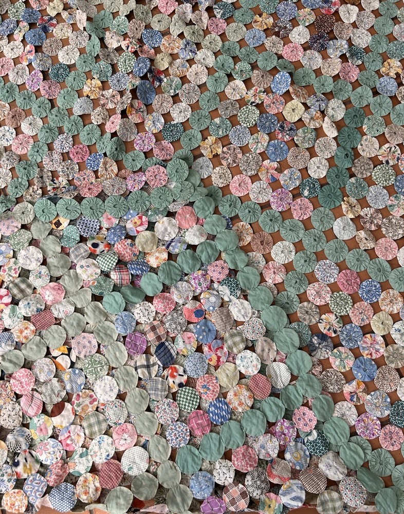 Antique Handmade Yo-Yo Quilt 64x94 Bedspread Patchwork Cottagecore