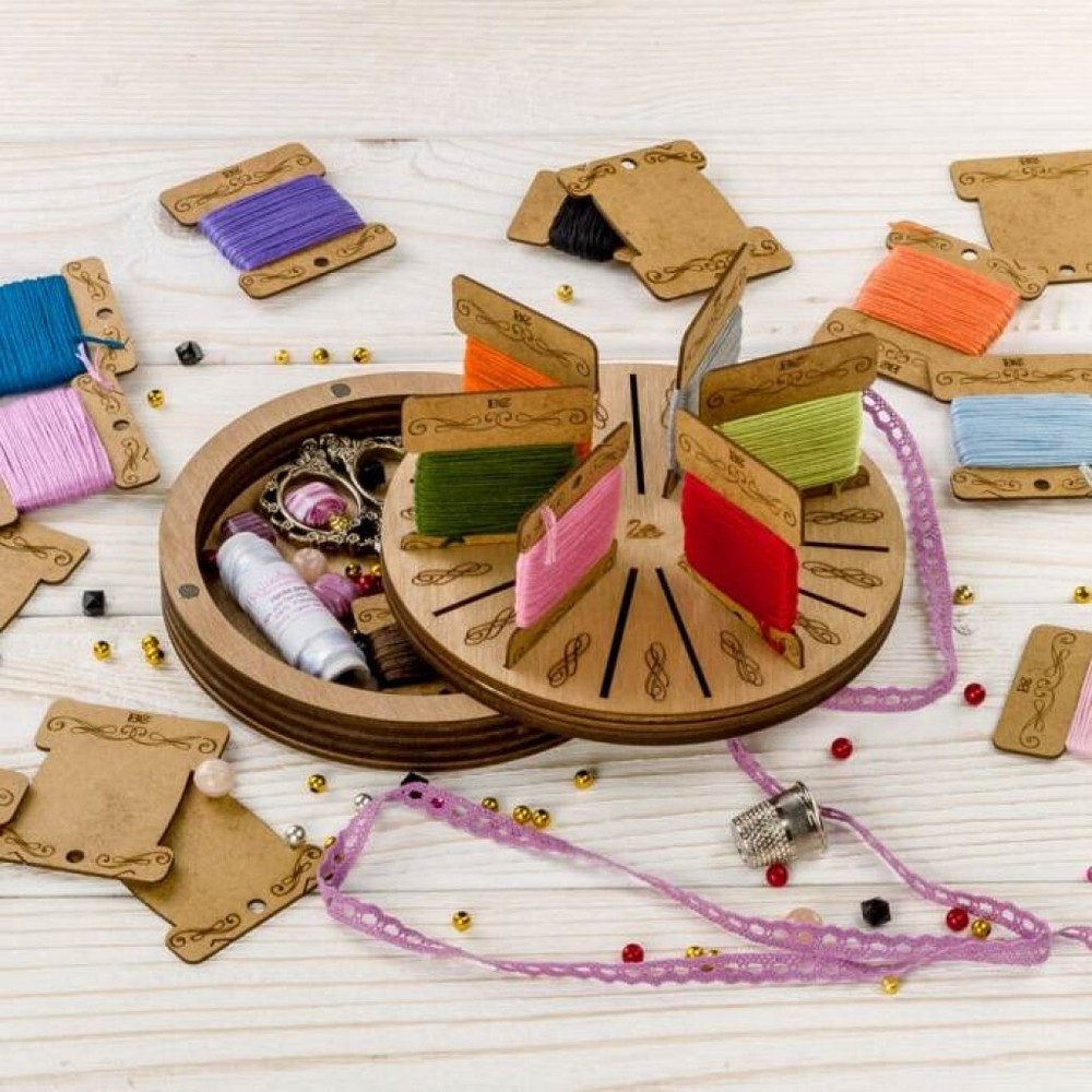 Plywood Needlework Box + 17 spools Needlework Organizer Thread/Floss organizer