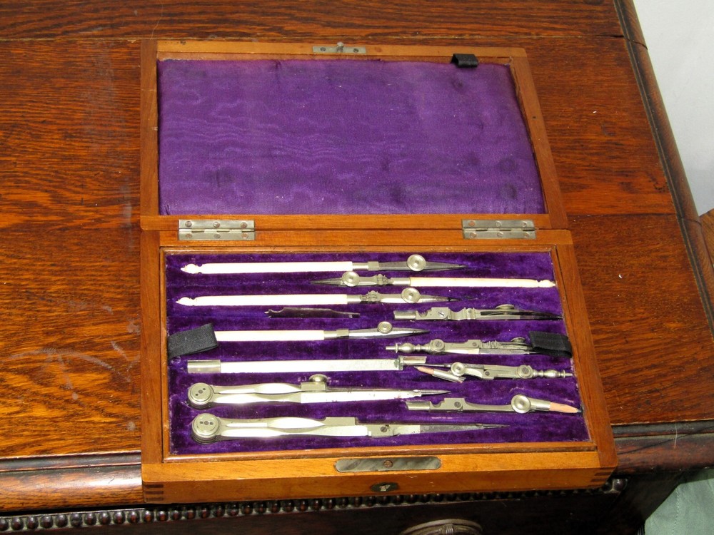 Antique Vintage Walnut Box Draftsman Drawing Set Geometry Technical Engineering