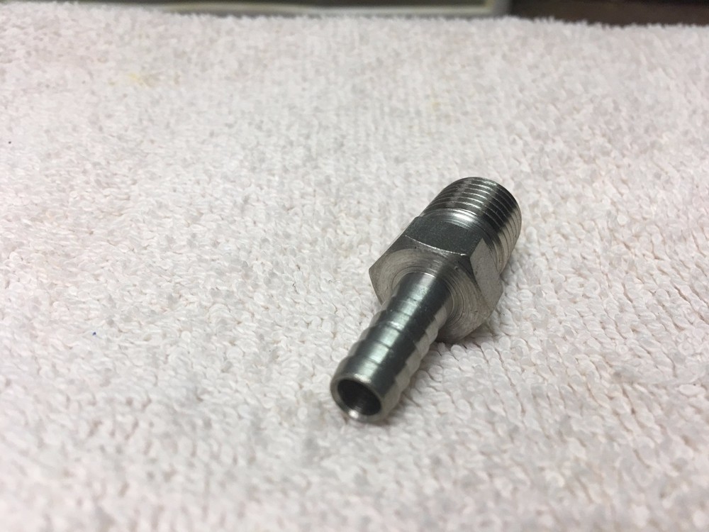 Soda System Fitting, Lancer, Stainless Barb Fitting Adapter 1/4 MPT x 1/4" Barb