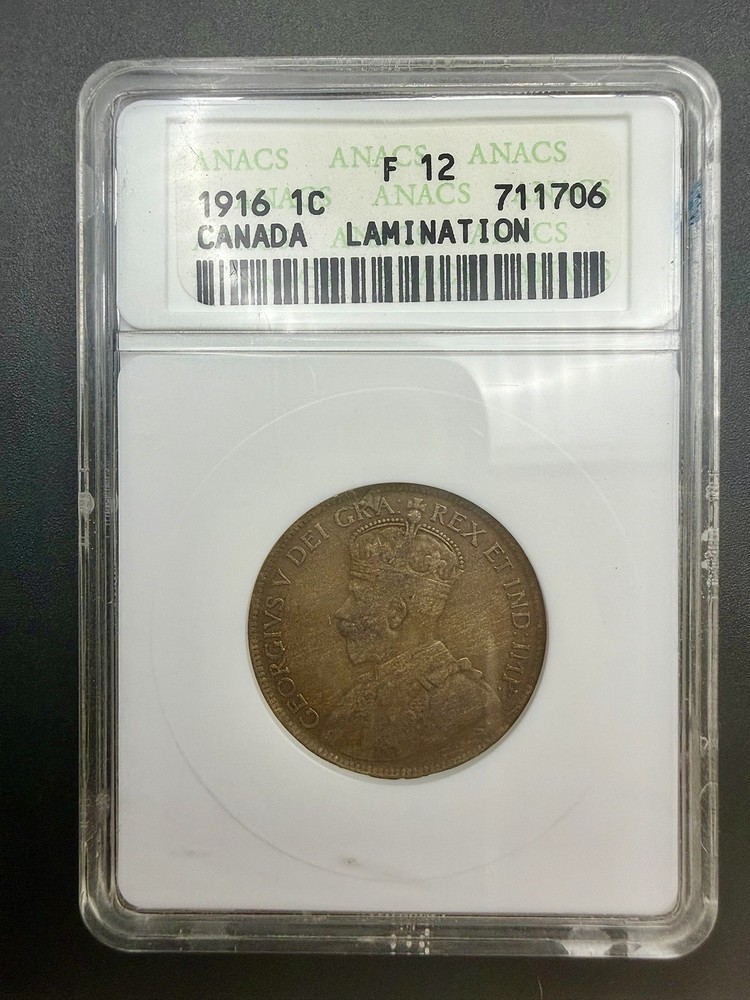 1916 Canada Large Cent, MINT ERROR, Obverse Lamination - ANACS F12