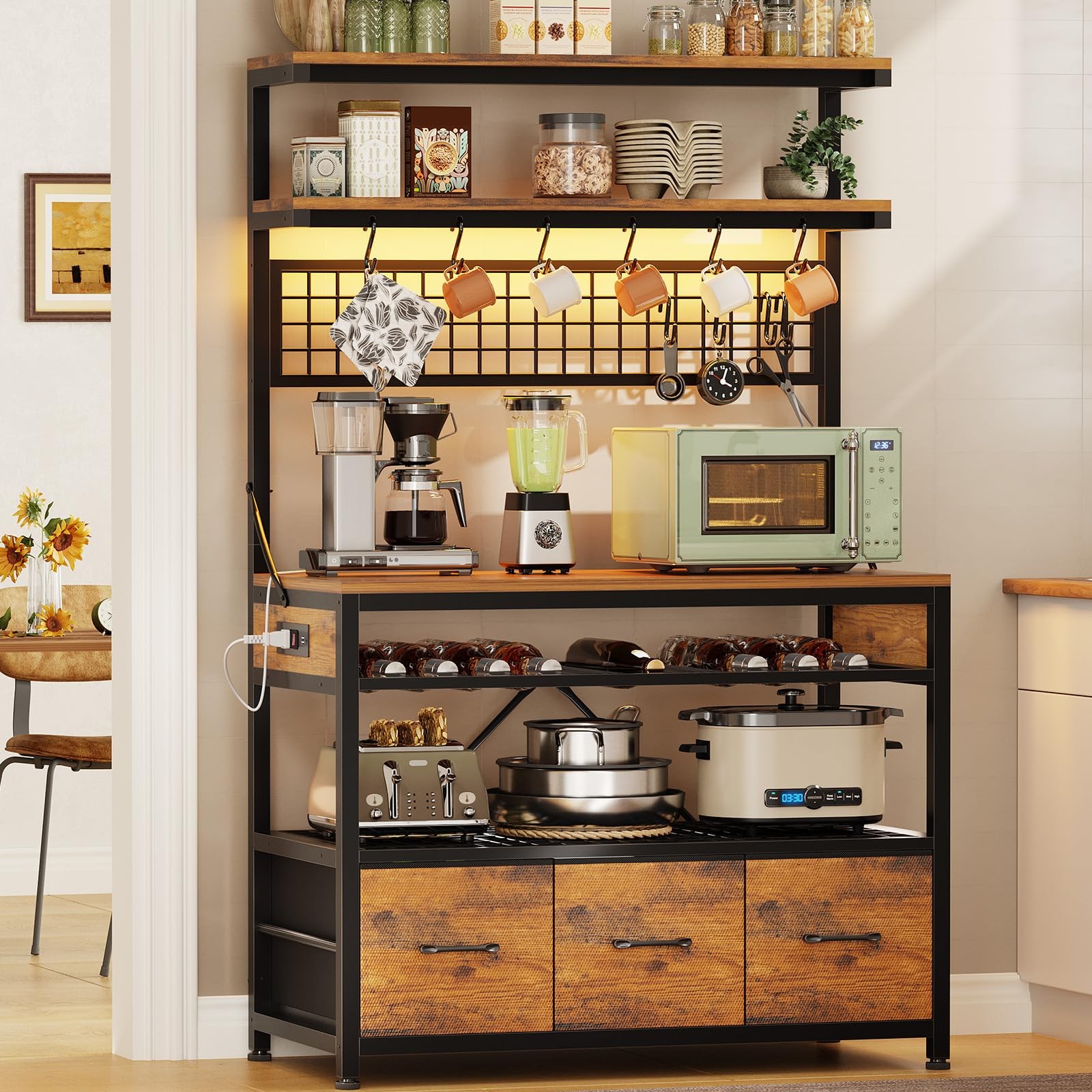 Bakers Rack with Storage and Power Outlet 35.4 inch Coffee Bar Cabinet