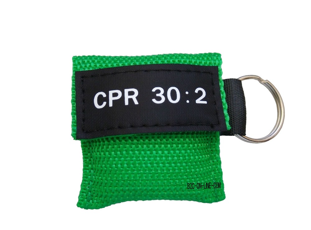 100 CPR MASK KEYCHAIN CPR FACE SHIELD AED GREEN WRITING CPR 30:2