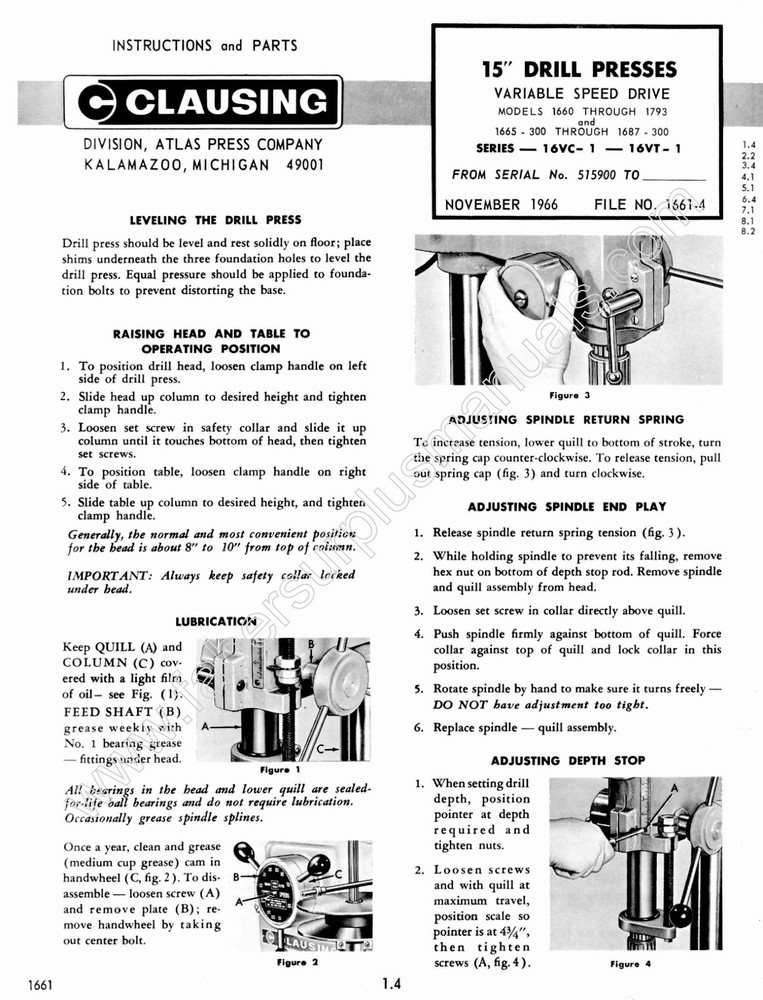 Clausing 15" Drill Press Vari- Speed Operating Instructions & Parts Manual *830