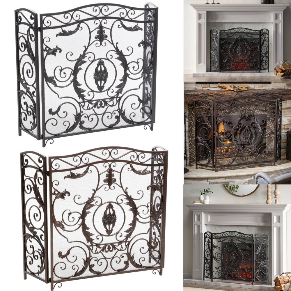 Vintage 3 Panel Fireplace Screen Antique Traditional Scroll Decorative Screen