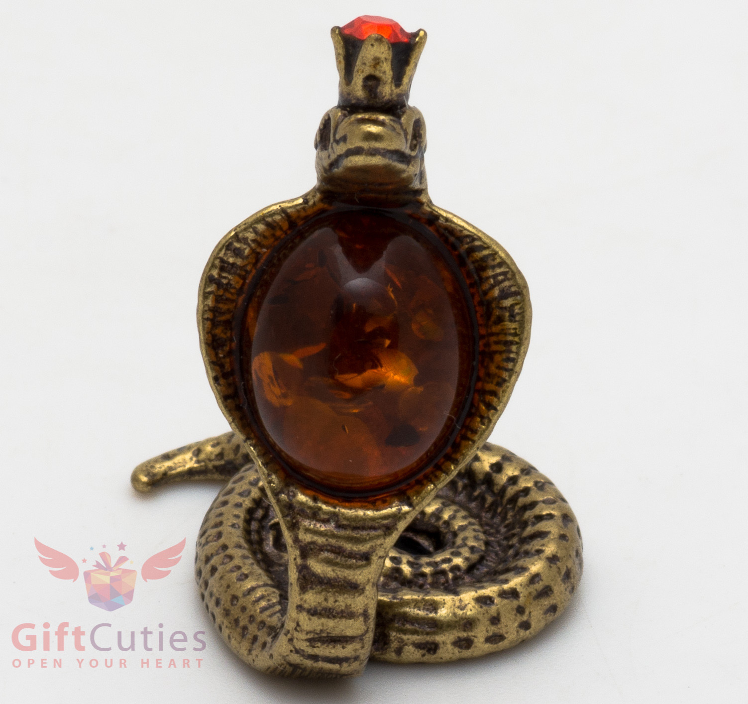 Solid Brass Amber Figurine Amulet Hood Flared Indian Cobra Snake IronWork