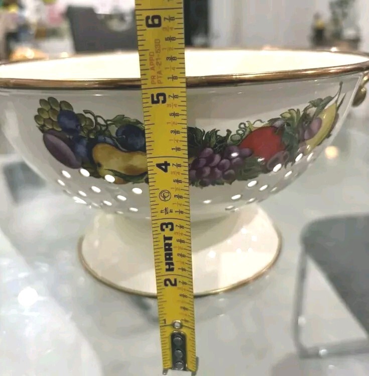 Vintage Cornucopia Enamel and Brass Colander/ Strainer Mixed Fruit Design