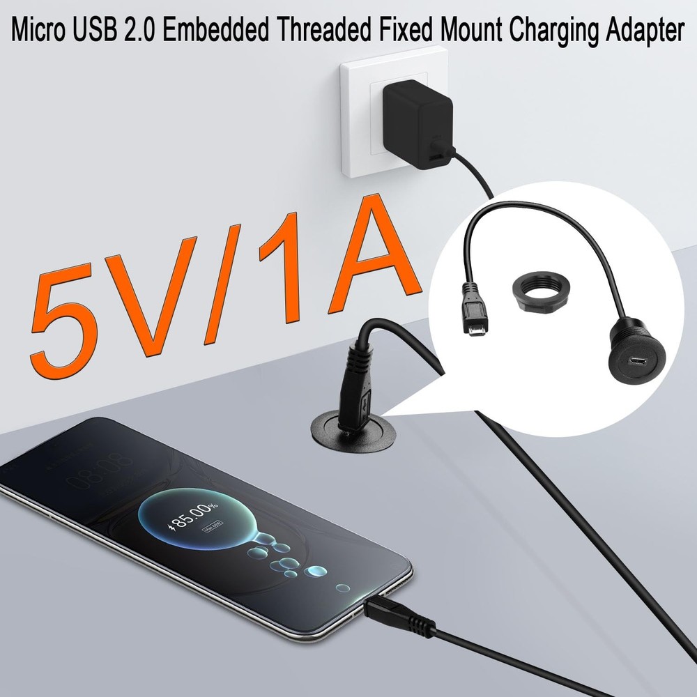 Micro USB Threaded Fixed Mount Charging Short Cable Adapter Micro USB Male to...