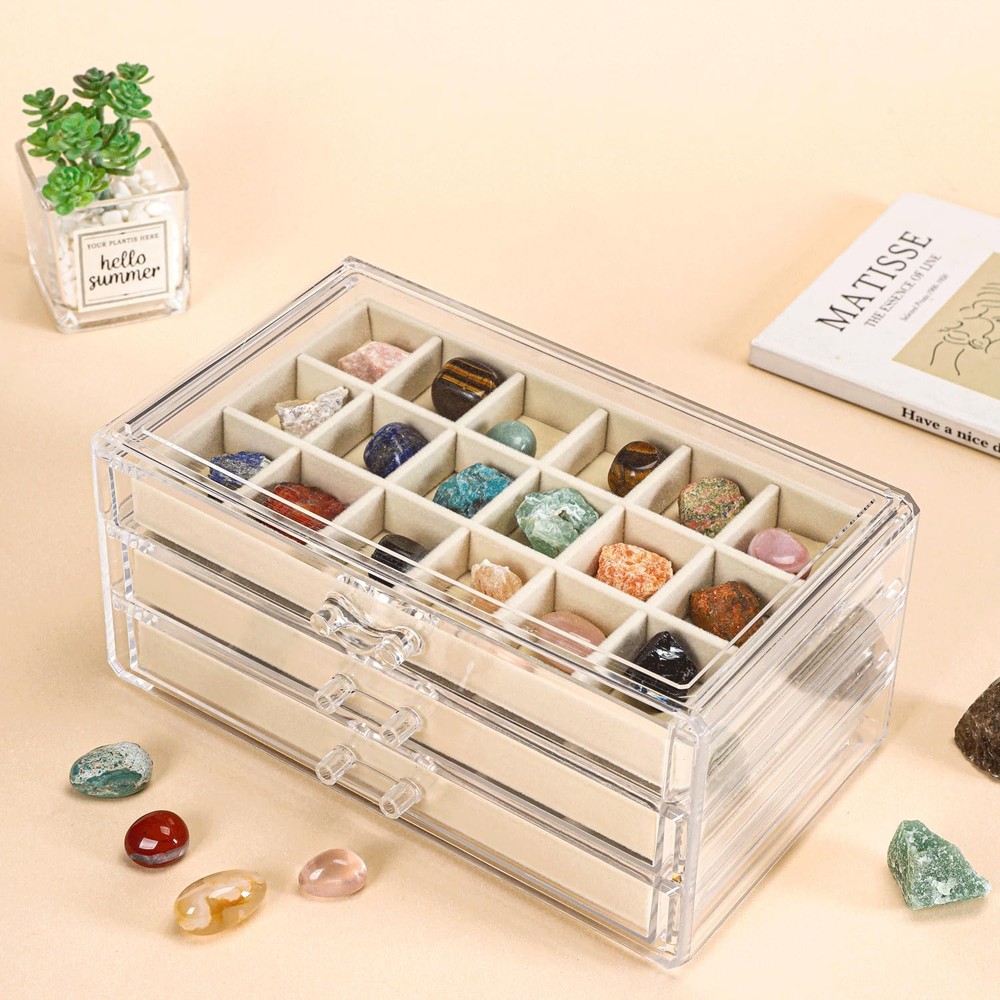 Acrylic Rock Collection Display Case with 54 Grids Storage Compartments Boxes