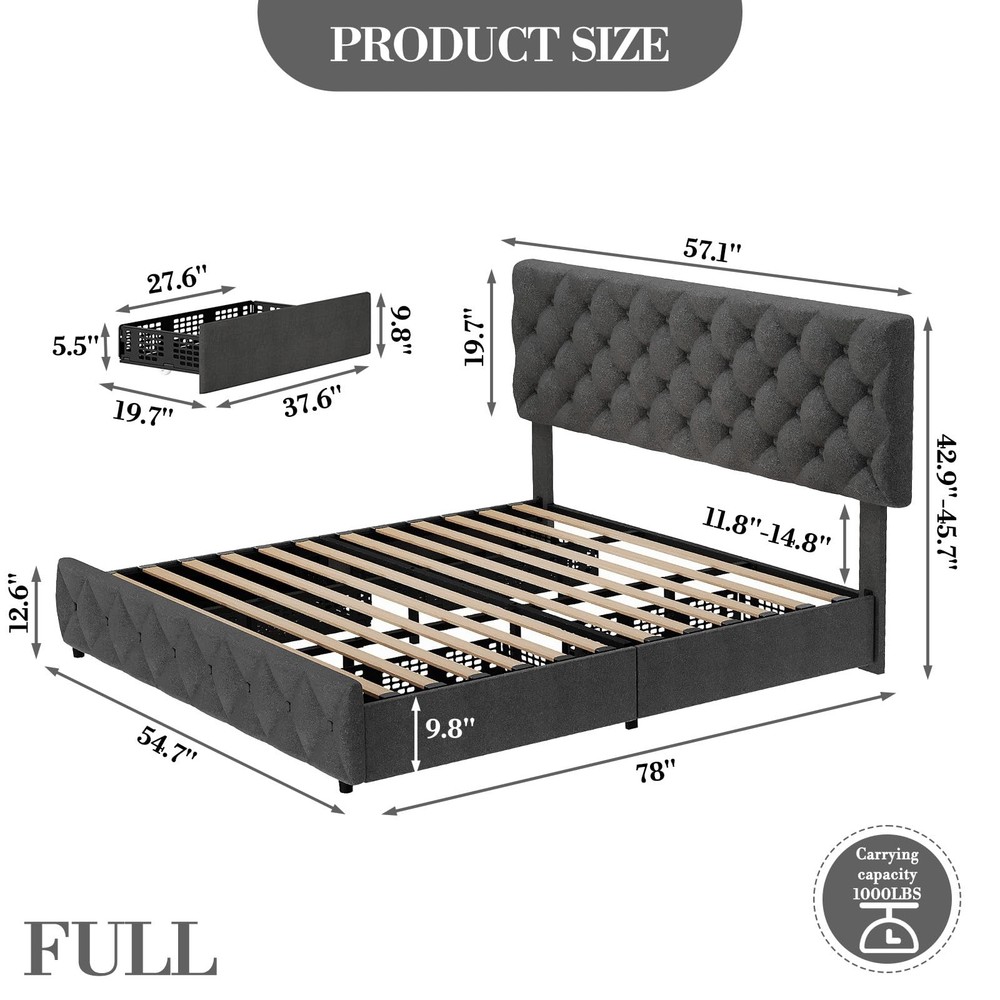 Full Queen King Size Bed Frame w/4 Drawers,Linen Upholstered Platform Bed Frame