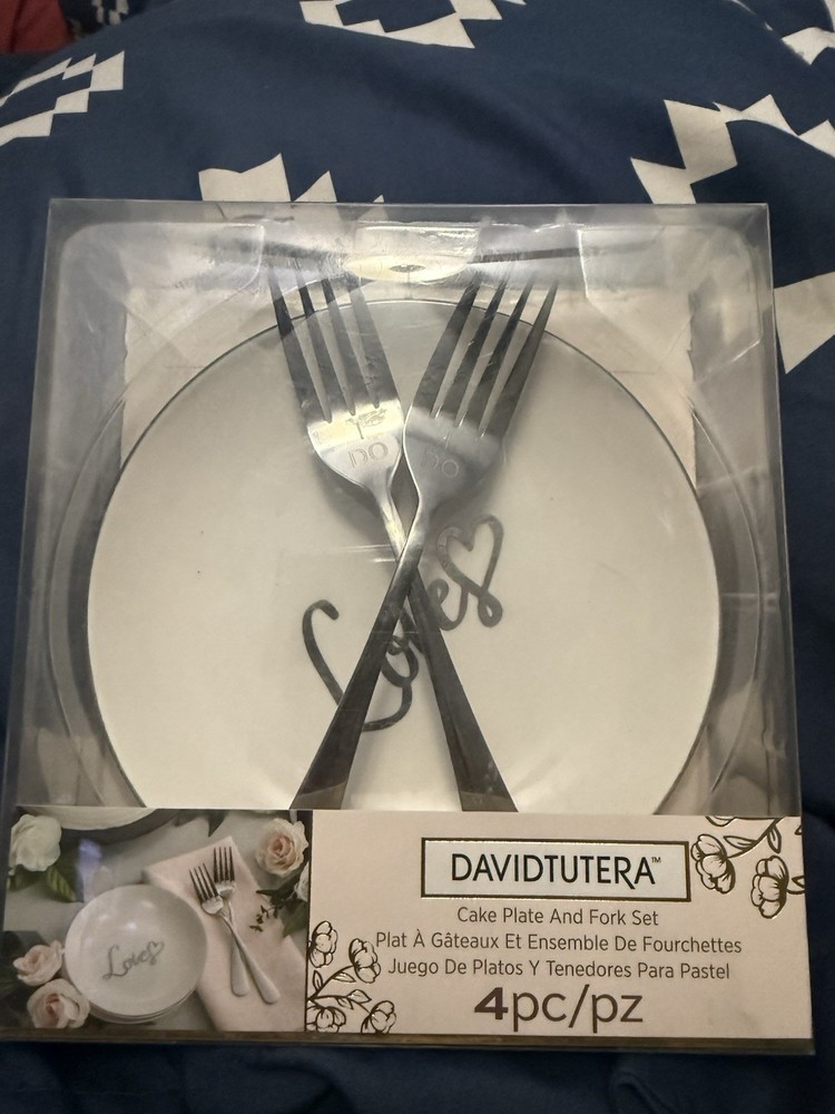 David Tutera Engraved Ceramic Plate & Stainless Steel Fork Set 4pc White Silver