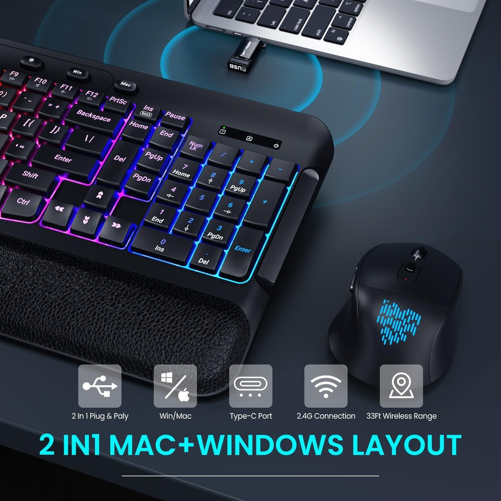 Wireless Keyboard and Mouse Combo, Ergonomic Wave, 9 RGB Backlit Effects, Lea...