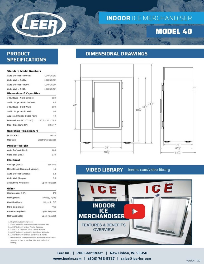 Leer Model 40 Indoor Ice Merchandiser Auto Defrost