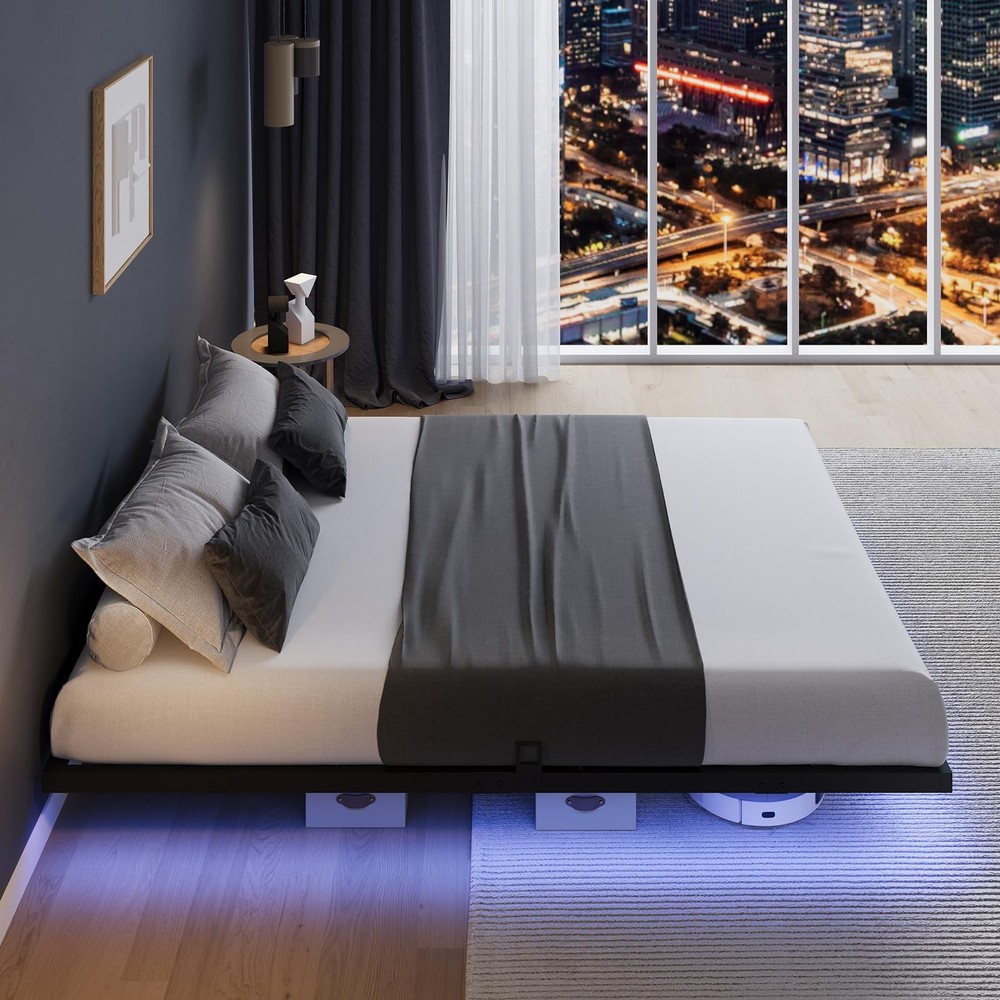 Floating Bed Frame with LED Lights, Modern Platform Queen Bed Frame with Matt...