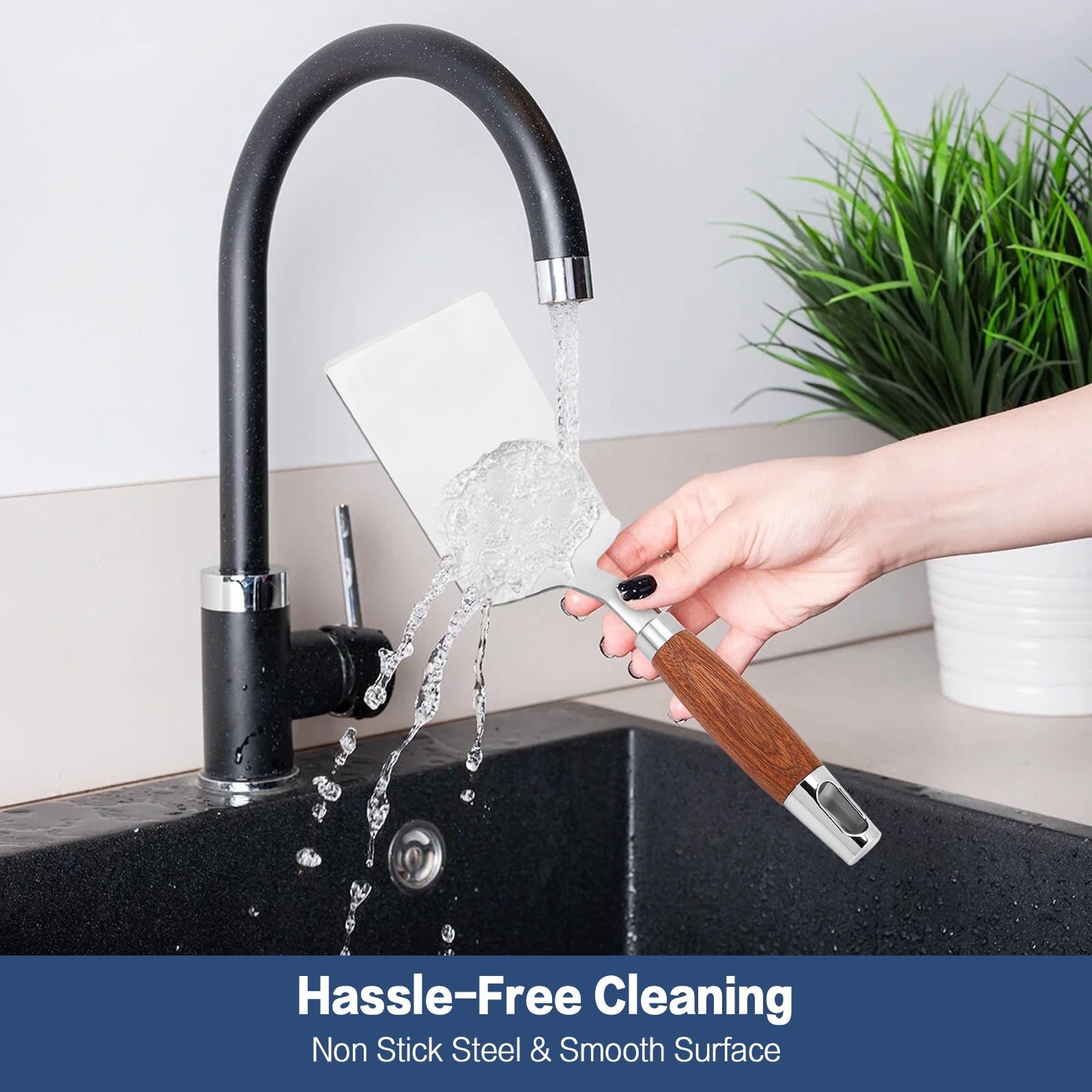 STAINLESS STEEL SPATULA TURNER Heavy-Duty Metal Griddle Flipper Wood Handle NEW