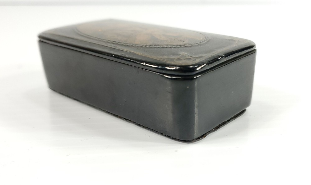 Antique Mache' and Lacquer Snuff Box Rectangular with Decorative Lid