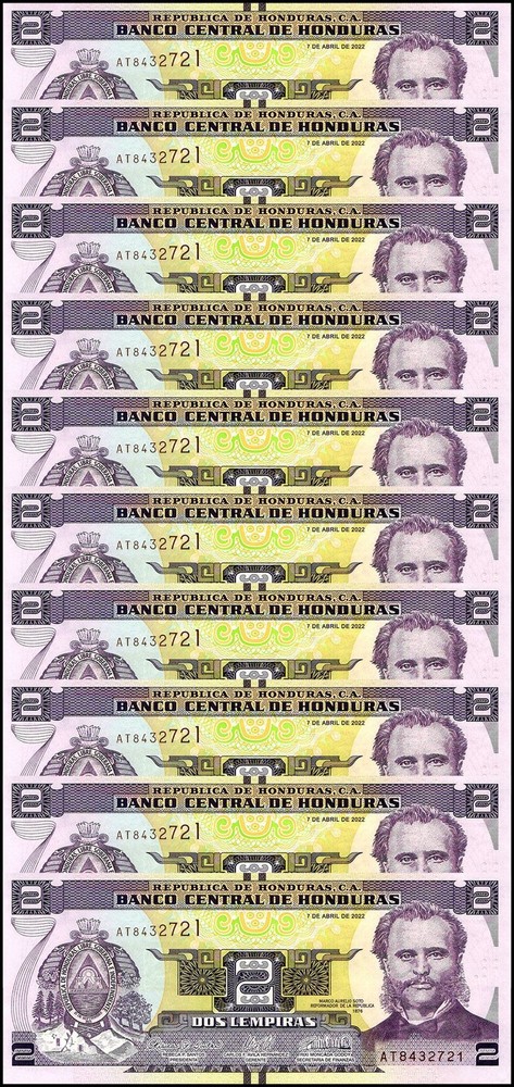 Honduras 2 Lempiras, 2022, P-97e, UNC X 10 PCS