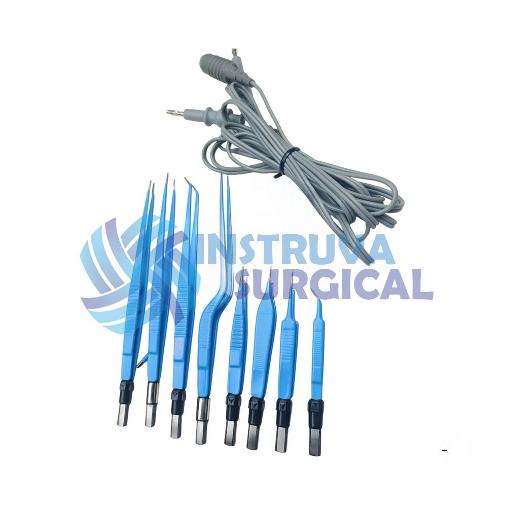 Bipolar Forceps Electro European 9 Pcs Set + Cable Reusable With Stainless Box