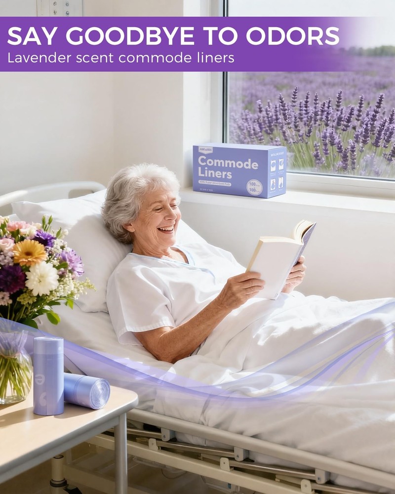 100 Pcs Bedside Commode Liners with Absorbent Pads, Tear-Free Leak-Proof