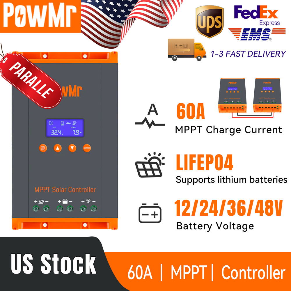60A MPPT Solar Charge Controller 12V 24V 36V 48V Battery 160VDC Parallel 12 Unit