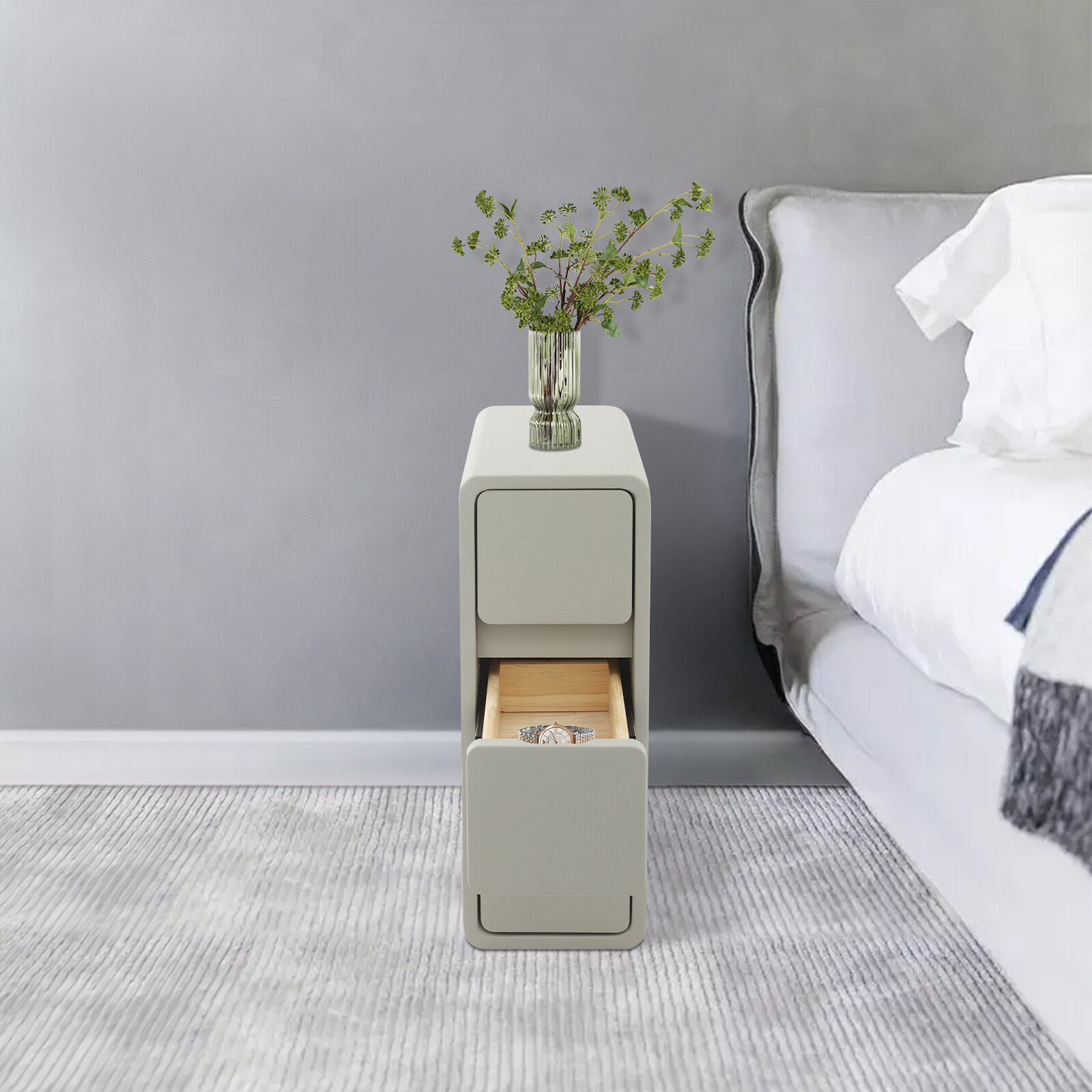 Solid Wood Bedside Table With Drawers, 3 Tiers Small Narrow Nightstand Bedroom