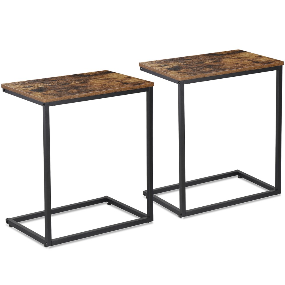 2X C Shaped End Table Living Room Side Table for Couch Slide Under Rustic Brown