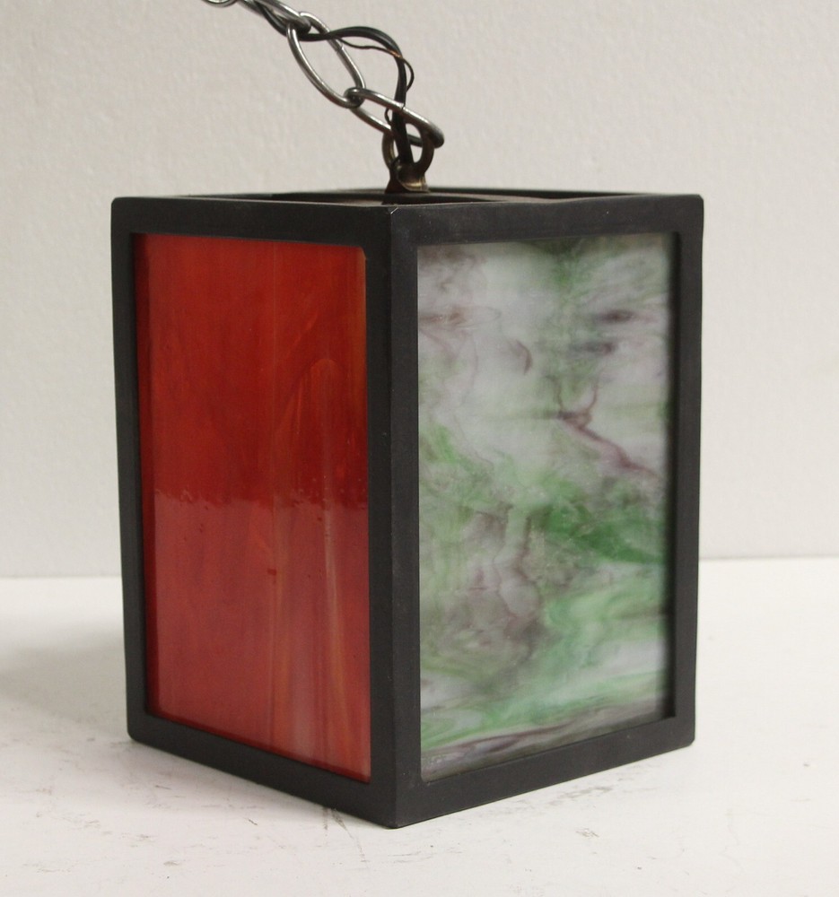 Modern Iron Lantern Pendant Light with Stained Glass