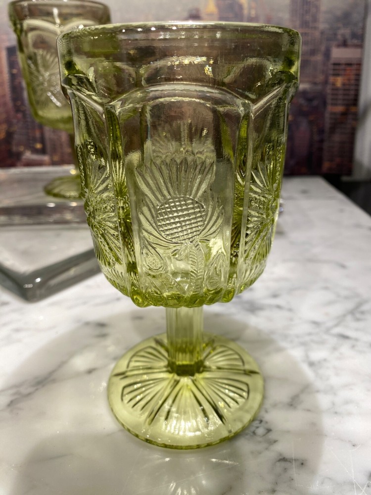 2 Paneled LG Wright Thistle Goblets Olive Green - See Pics