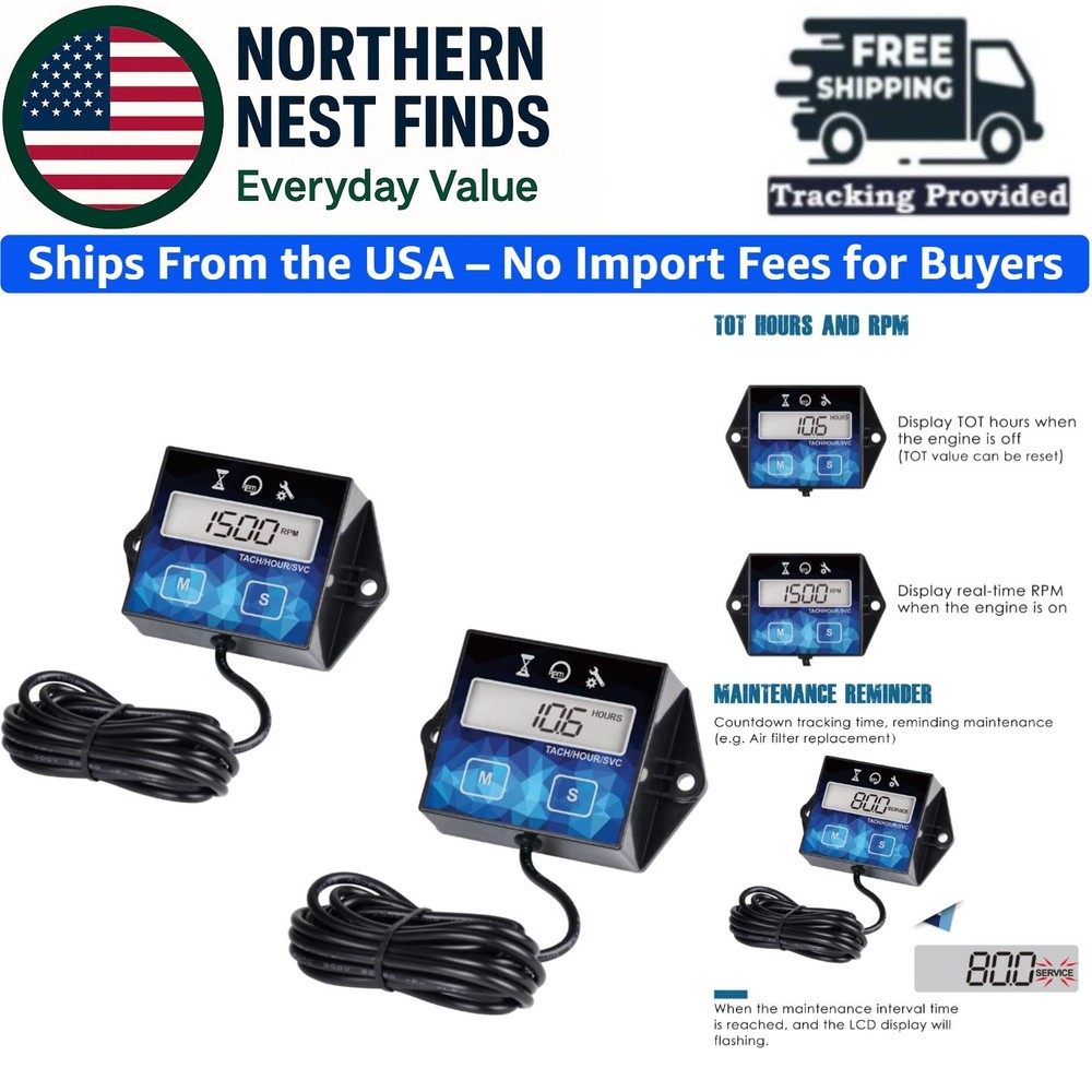 Digital Engine Timer & Tachometer Set - Reliable Maintenance Tool for Owners
