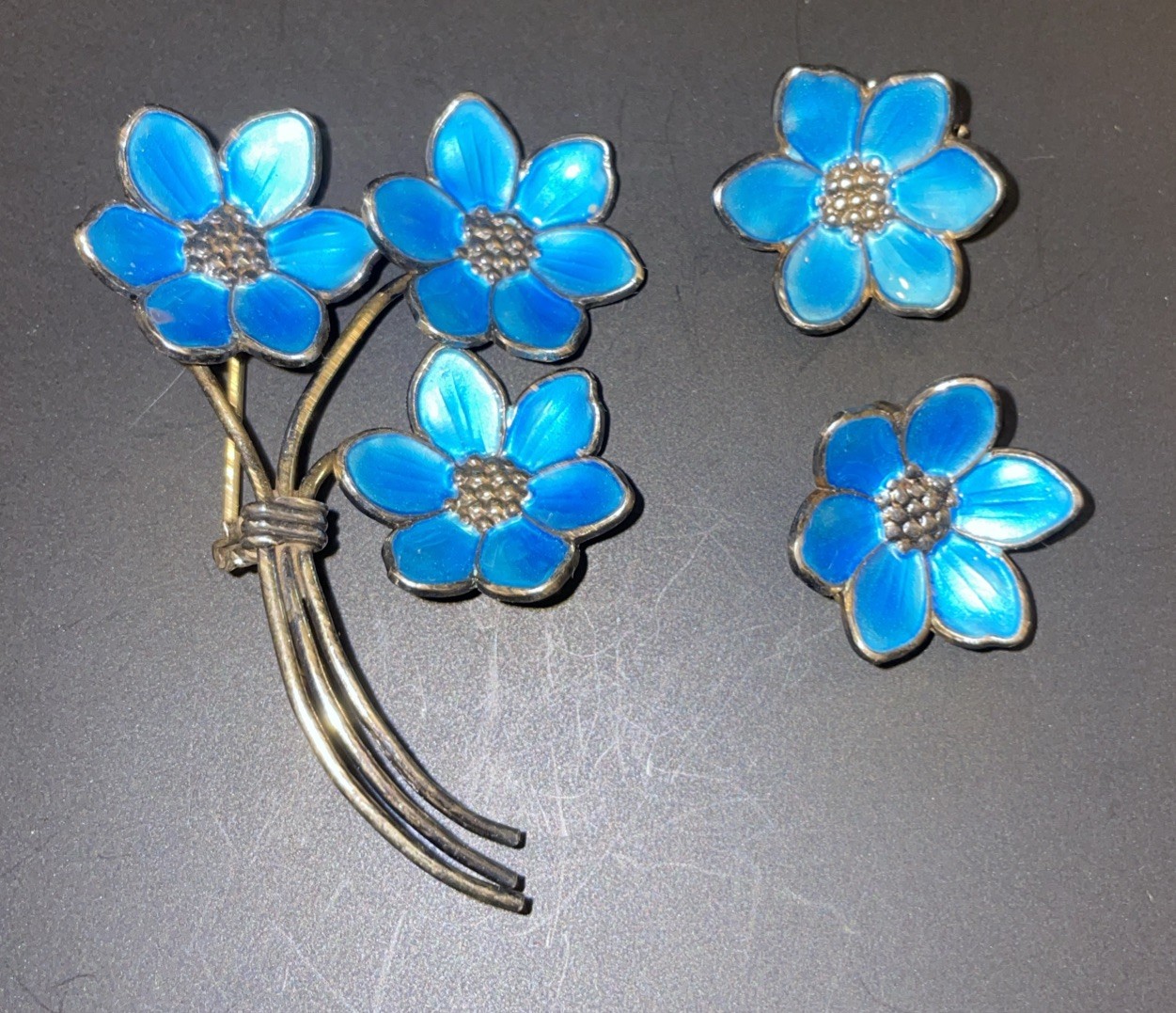 Antique 9253 Sterling Silver Hand-painted Broach And Earrings Norway