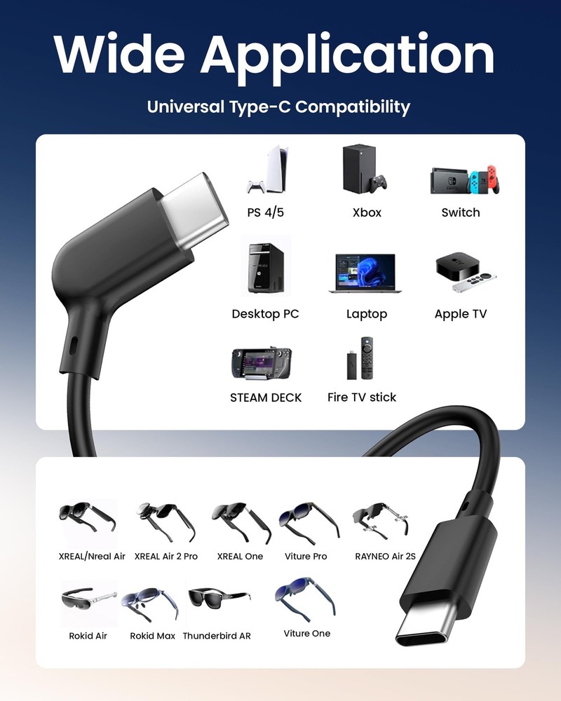 AR Smart Glasses USB-C Charging Data & Power Supply Cable, 1.2M / 3.9FT –...