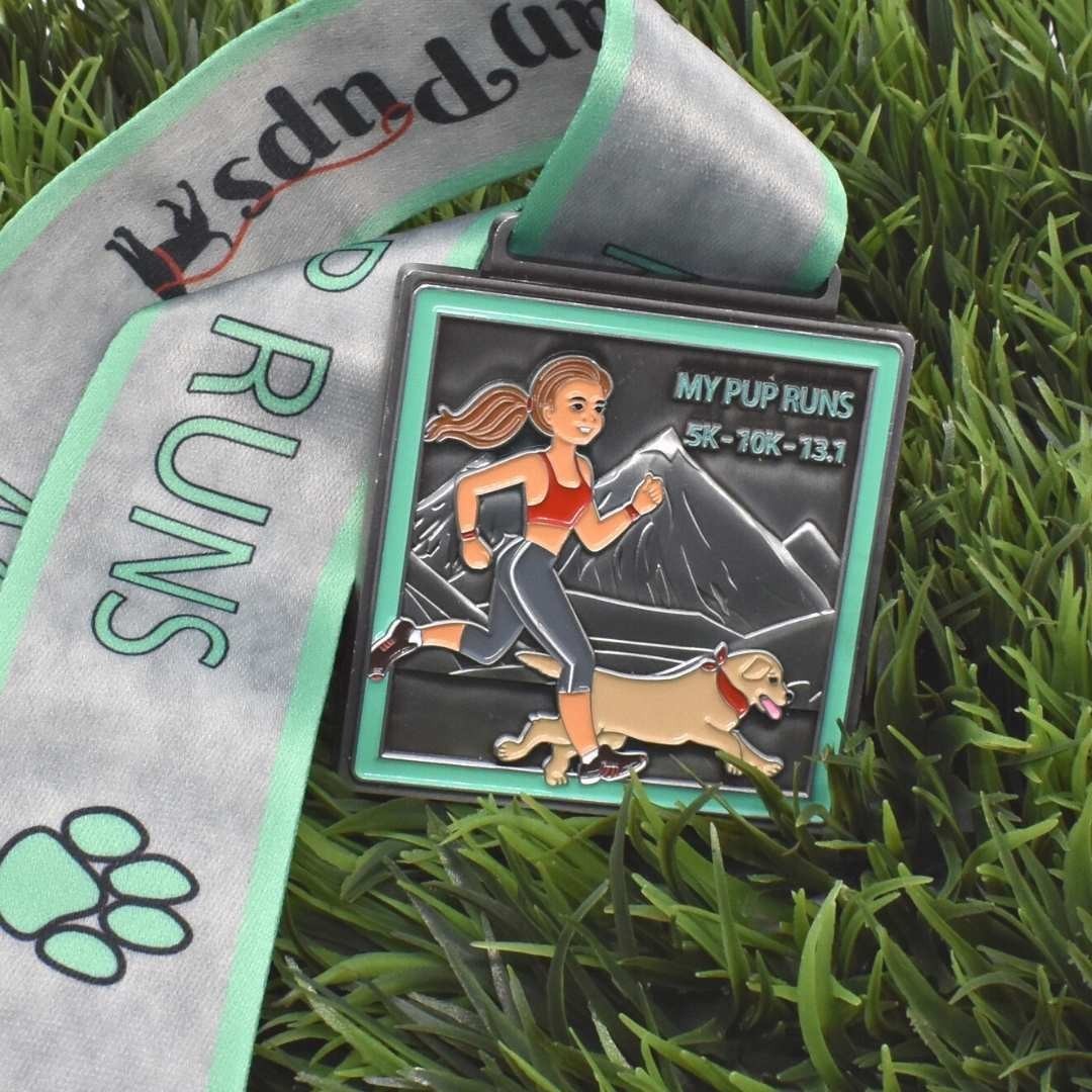 NEW Virtual Race 5k/10k/13.1 Medal, Bib & Sticker - Running with My Dog - MPR