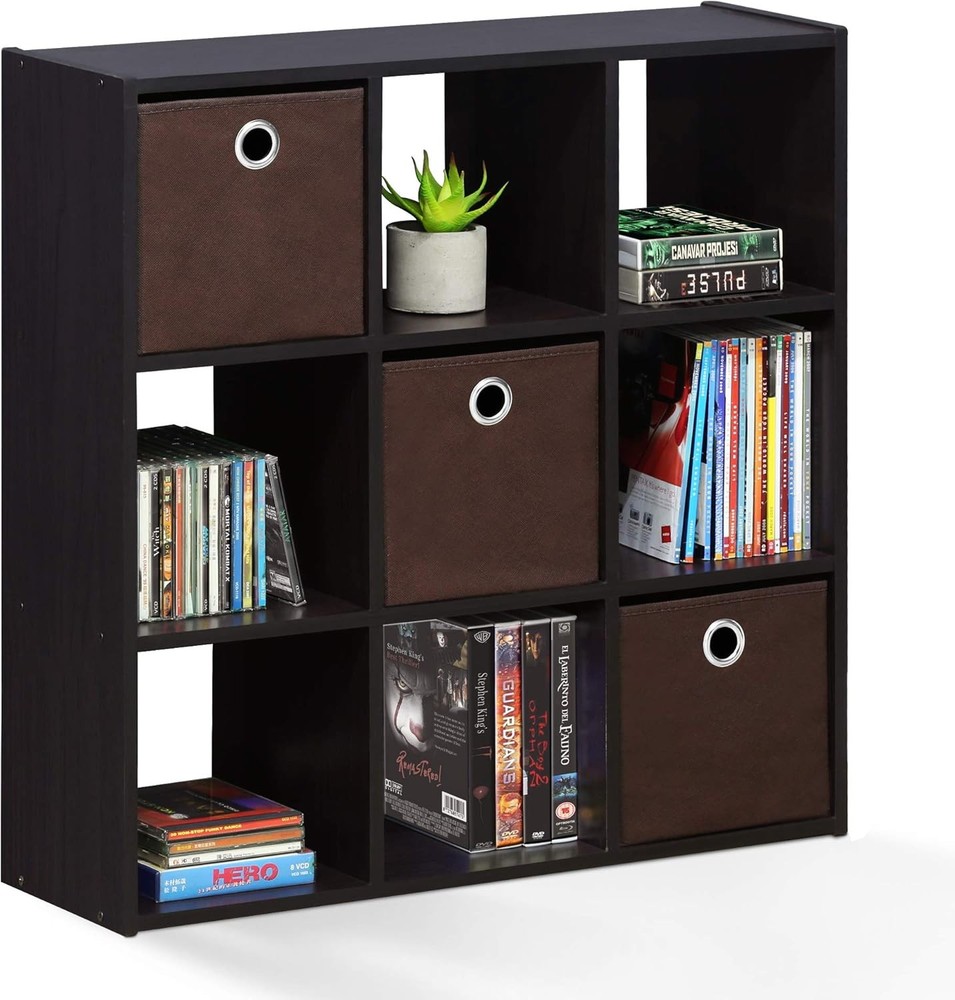 Simplistic 9-Cube Organizer W/ Bins Small Size Assembled Unit Dimensions 7.9"D x