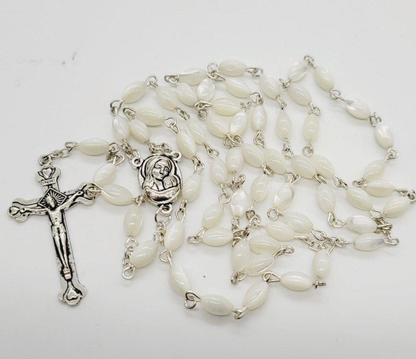 INRI Rosary White beaded Silver tone Cross Religious 22" † JERUSALEM Vintage