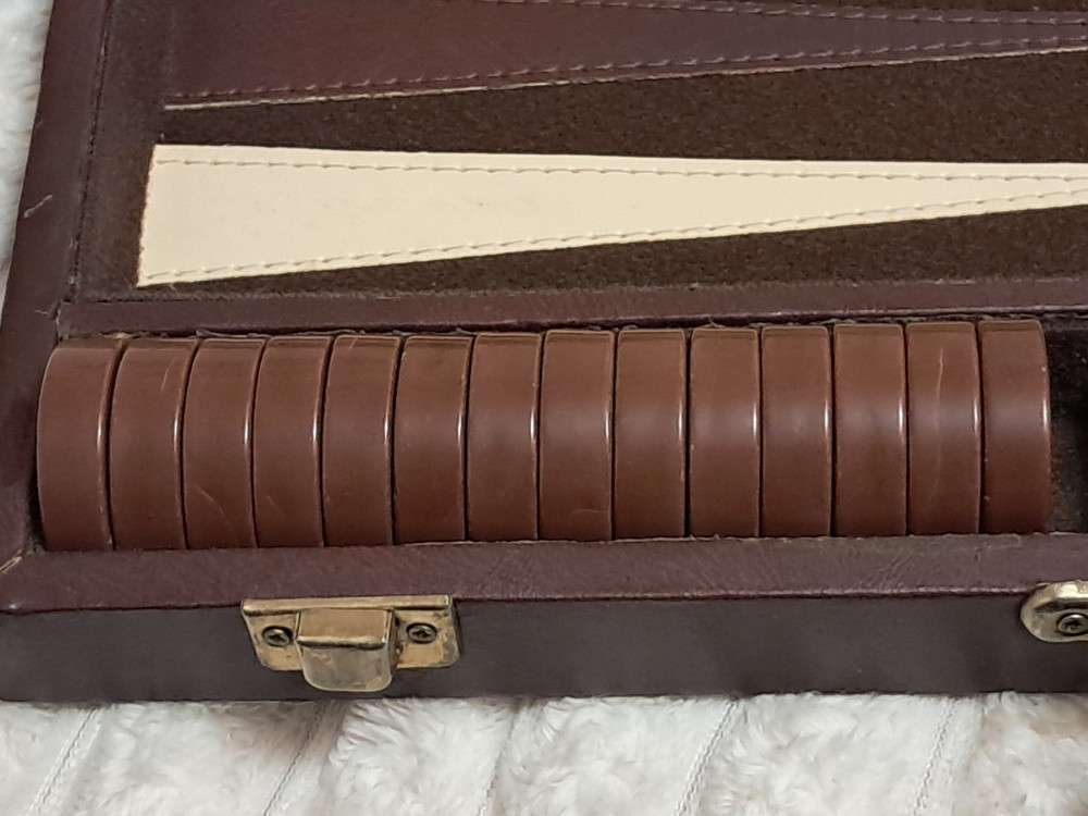 Bakelite Backgammom Gaming Set Complete Leather Bound Stitched