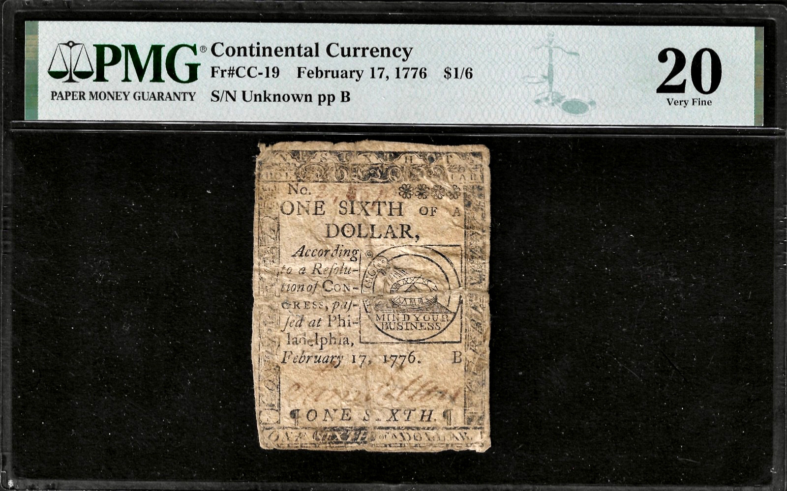 Colonial Currency Feb 17, 1776 $1/6 Continental Sundial Note CC-19 PMG VF20