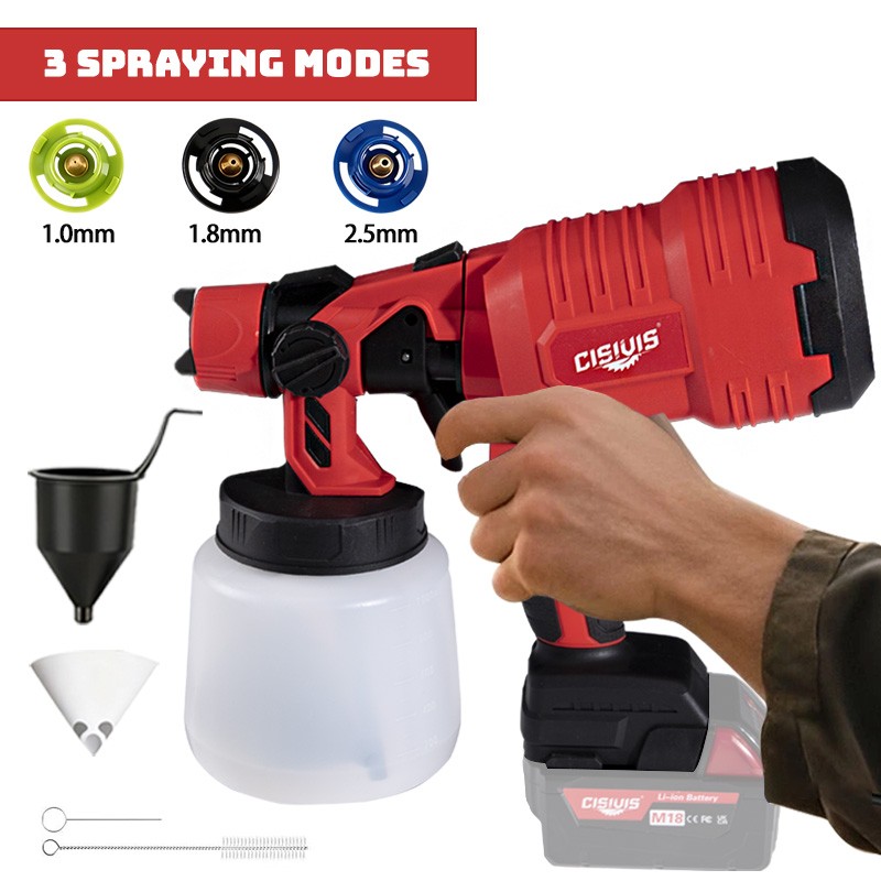 Cordless Paint Sprayer for Milwaukee 18V Battery 1000ML HVLP Spray Paint Gun Red