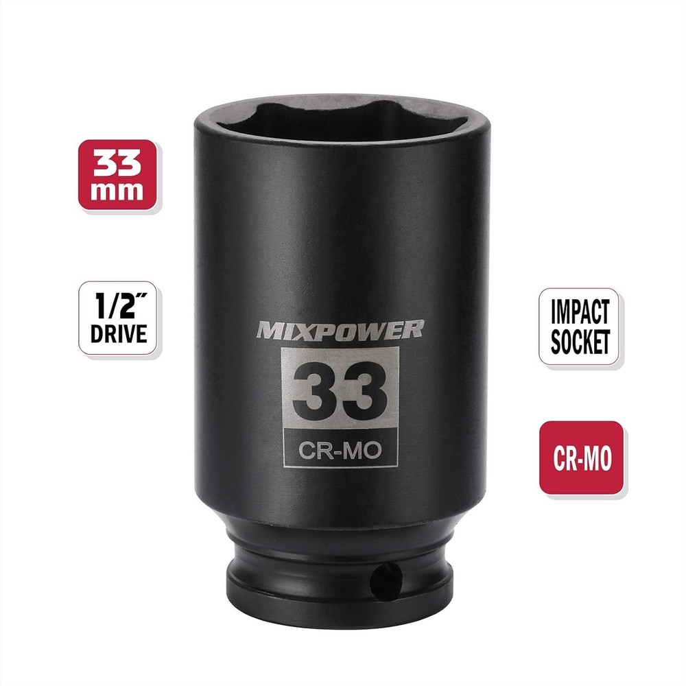 Durable 1/2" Drive 33mm Deep Impact Socket - 6-Point Design for High Torque
