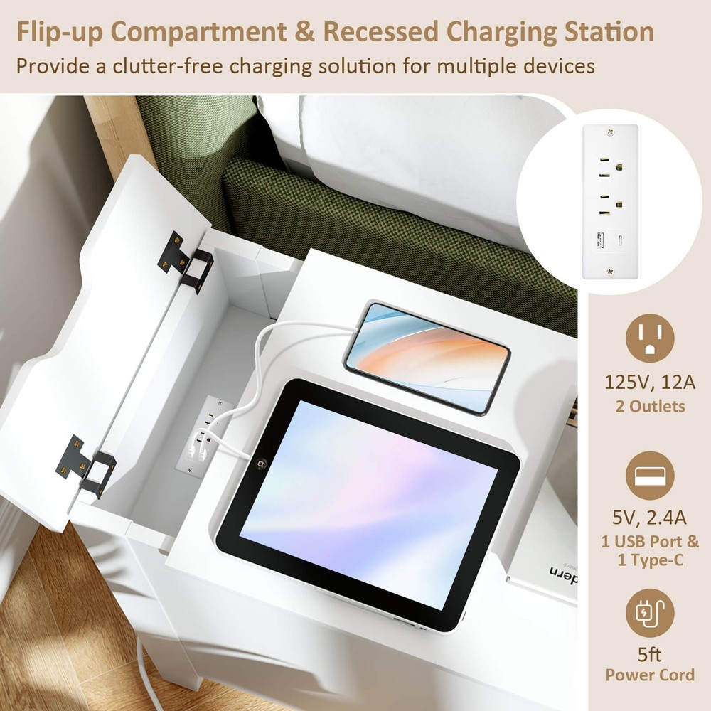 End Table with Charging Station Flip Top Bedside Table with USB Ports & Outlets