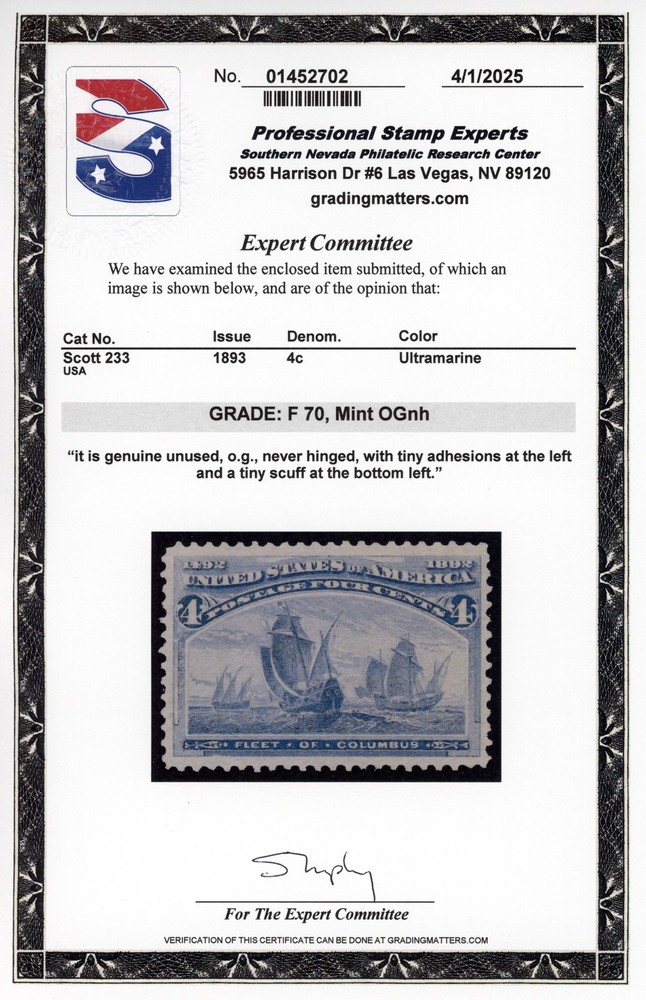 US #233 | Mint NH | Fine | PSE Cert