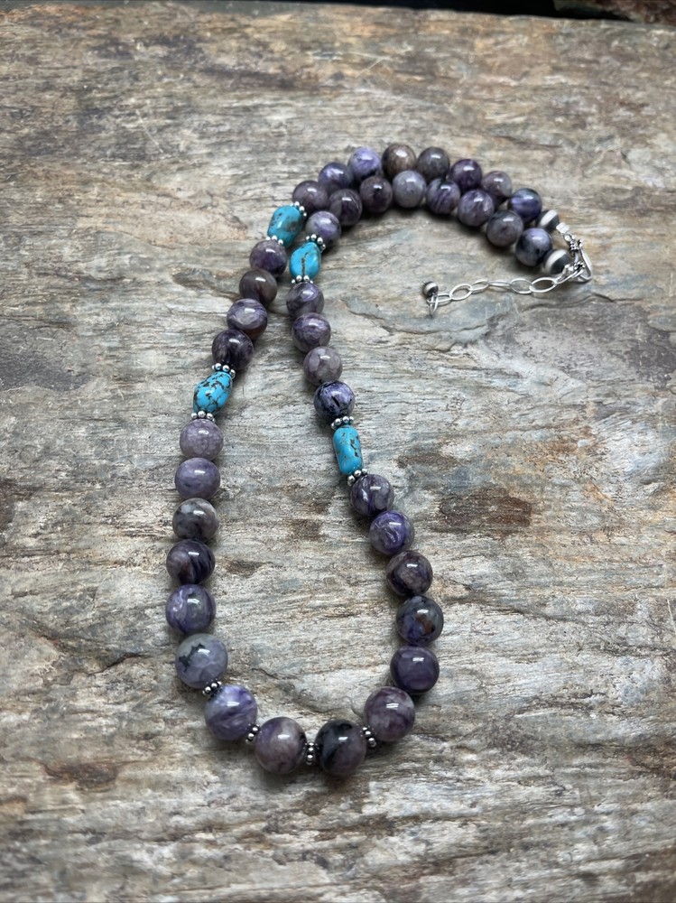 Sterling Silver Charoite Bead Necklace.